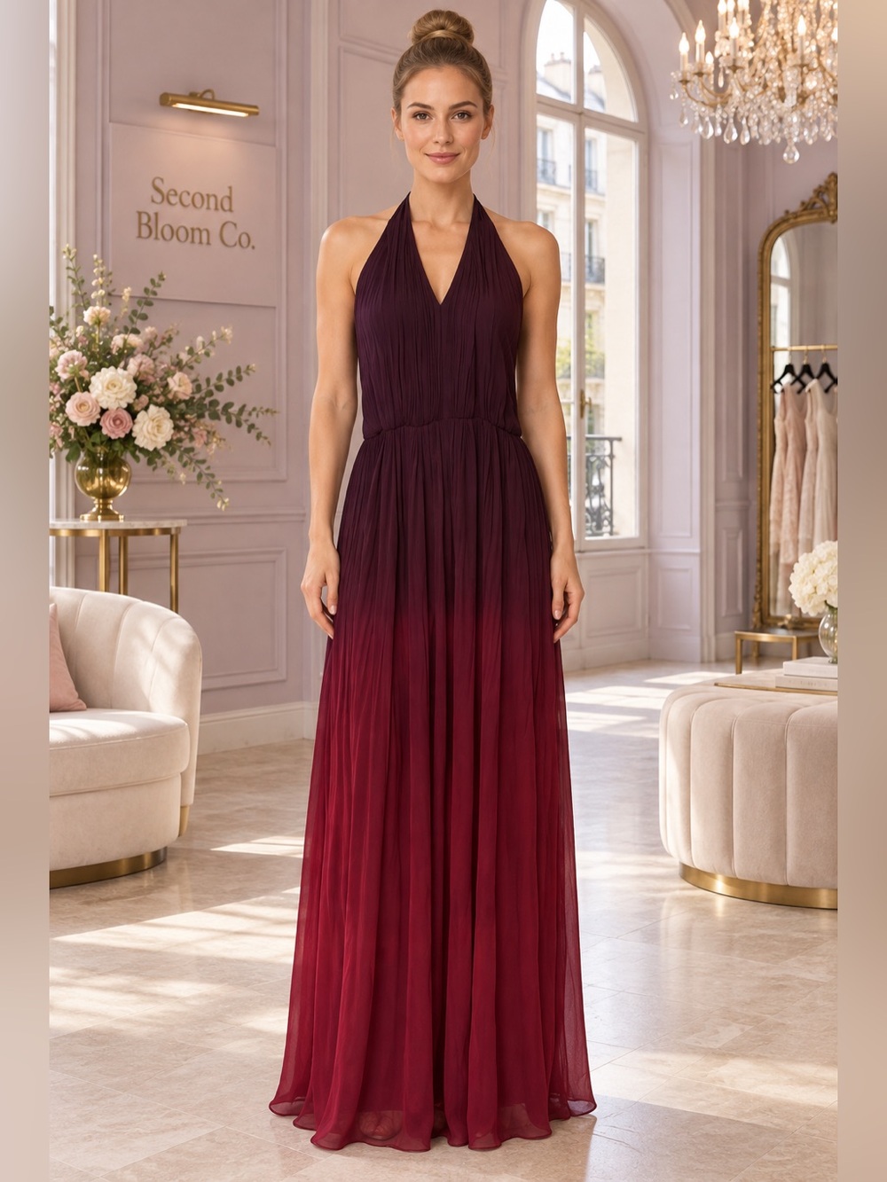 Tulle Halter Maxi Dress Size M Burgundy Ombré 💛B1G2 FREE💛
